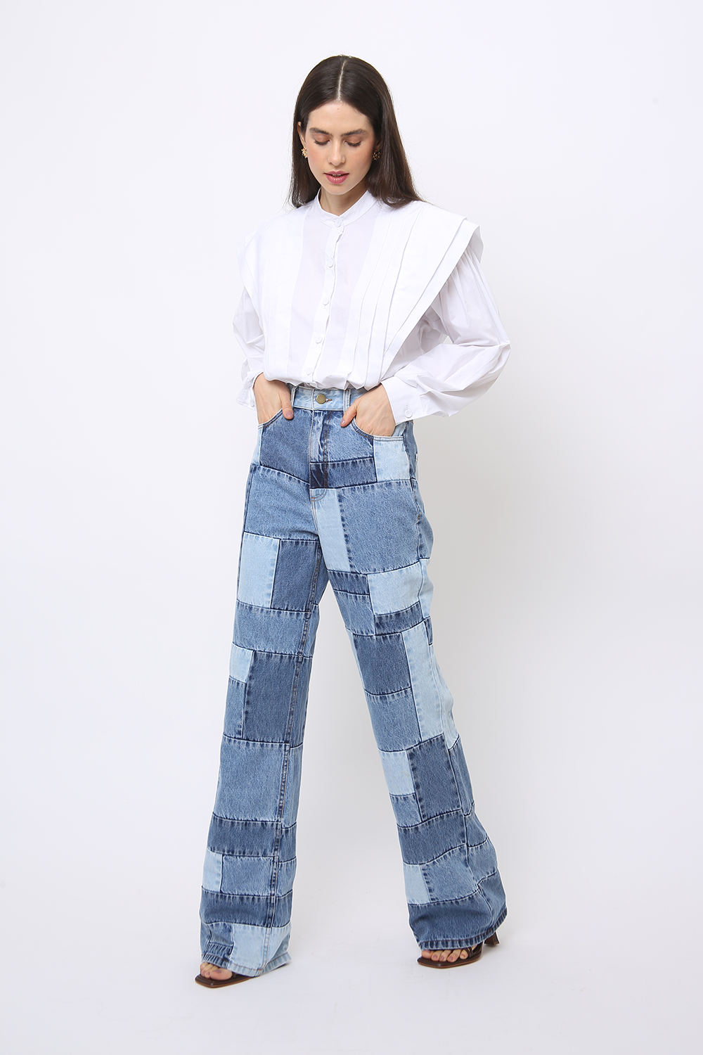 CALÇA WIDE LEG JEANS PATCH FRAMED