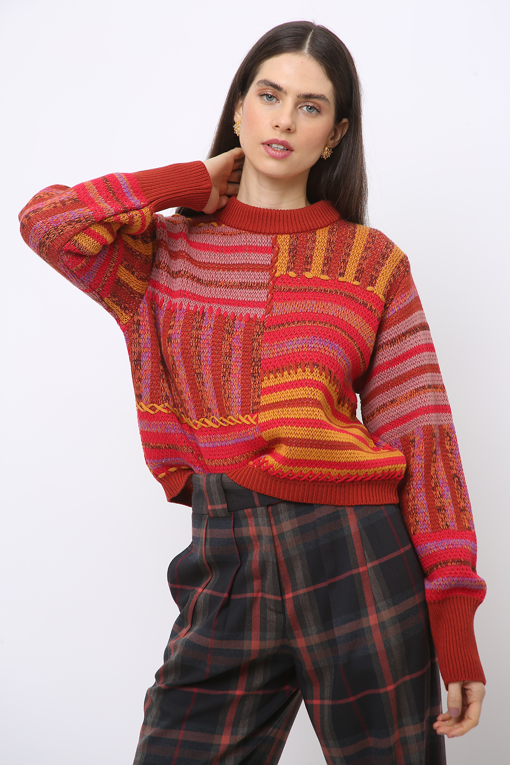 FRAMED COLORFUL PATCH KNIT SWEATER